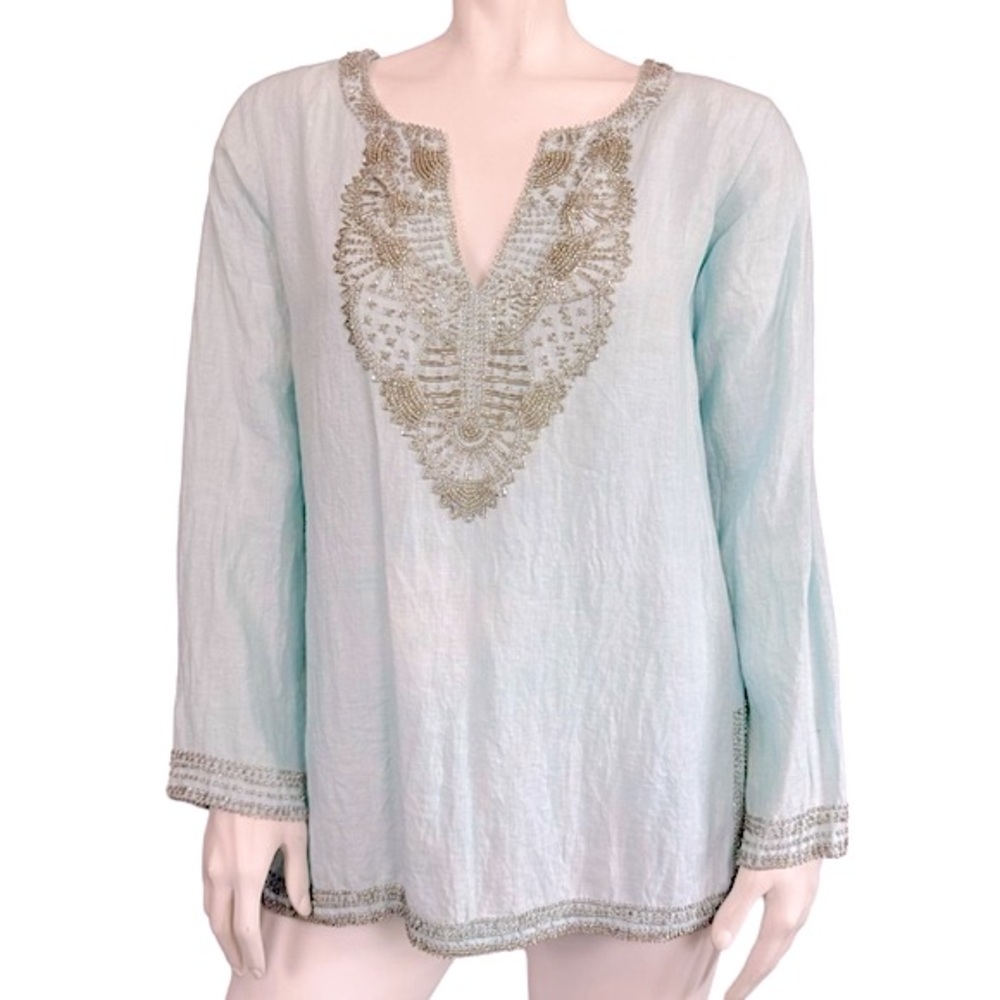 BELLA TU Sky Blue Linen Silver Beaded Long Sleeve Tunic Top